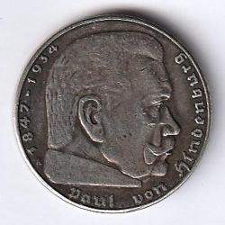 Pièce de Monnaie ALLEMAGNE 2 Reichsmark Maréchal Paul von Hindenburg 1937 Berlin
