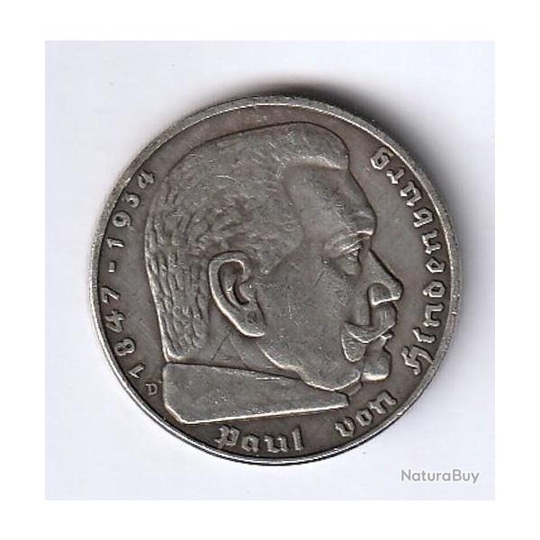 ALLEMAGNE 2 Reichsmark aigle surmontant une swastika / Marchal Paul von Hindenburg 1939 Munich