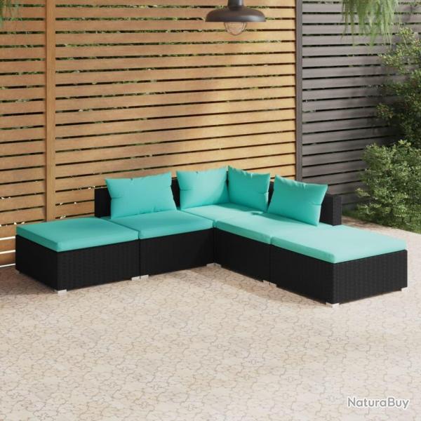 Salon de jardin 5 pcs avec coussins Rsine tresse Noir alsavelo