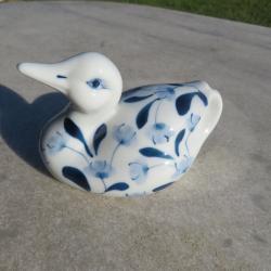 VINTAGE-Figurine de Canard en porcelaine à décor de fleurs & feuilles peint couleur bleu Cobalt(XXé)