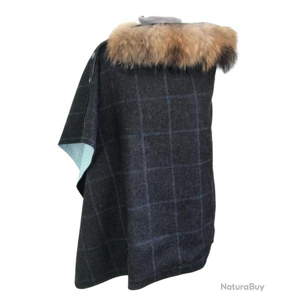 Cape Harriet - Tweed gris & bleu 100% laine - col fourrure amovible - made in France U