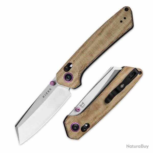 Couteau Kizer Madrac Tan Lame Reverse Tanto Acier Nitro-V Manche Micarta AXIS Lock Clip KIV3693A2