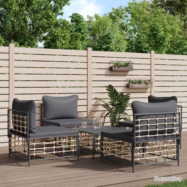 Salon de jardin 5 pcs avec coussins anthracite rsine tresse
