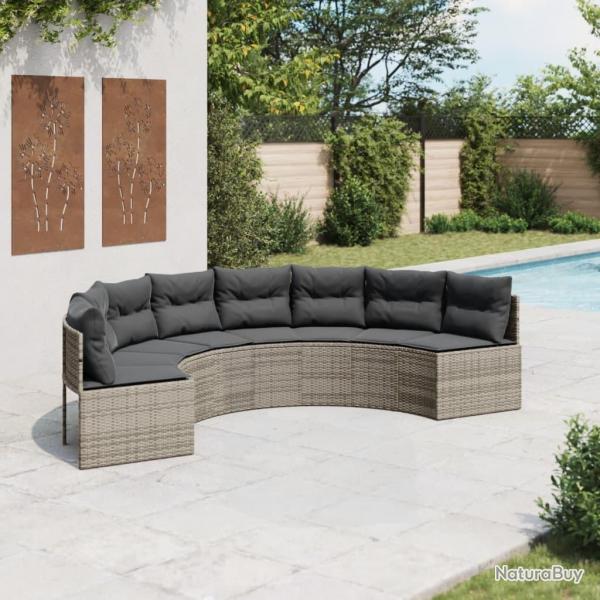 Canap de jardin avec coussins demi-rond gris rsine tresse