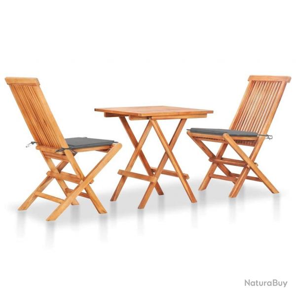 Ensemble de bistro 3 pcs avec coussins gris Bois de teck massif