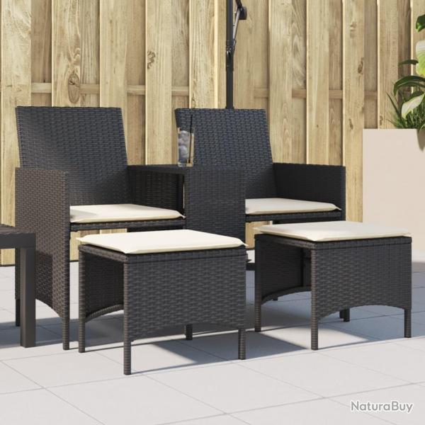 Canap de jardin 2 places avec table et tabourets noir rotin