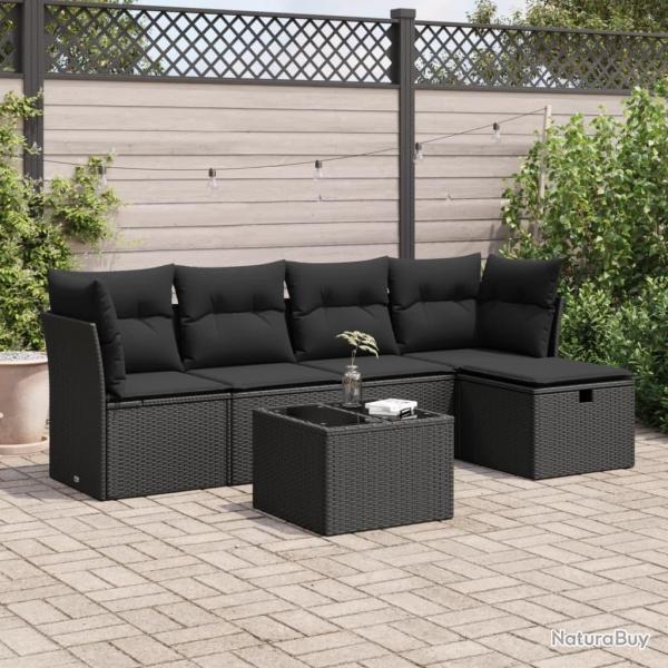 Salon de jardin 6 pcs avec coussins noir rsine tresse