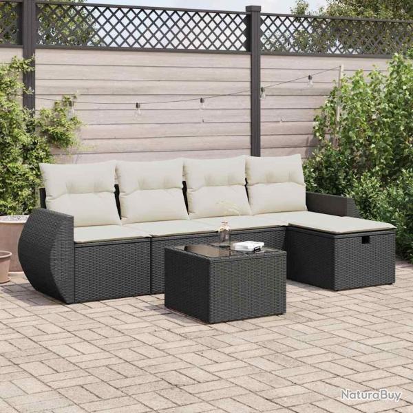 Salon de jardin 6 pcs avec coussins noir rsine tresse