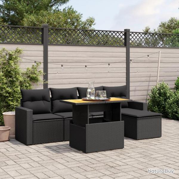 Salon de jardin 6 pcs avec coussins noir rsine tresse