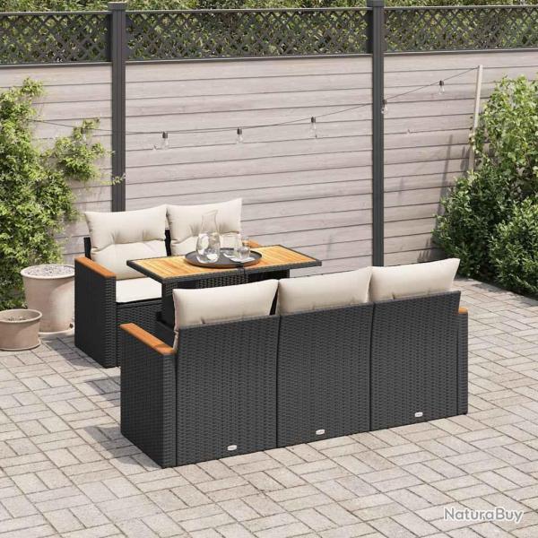 Salon de jardin 6 pcs avec coussins noir rsine tresse acacia