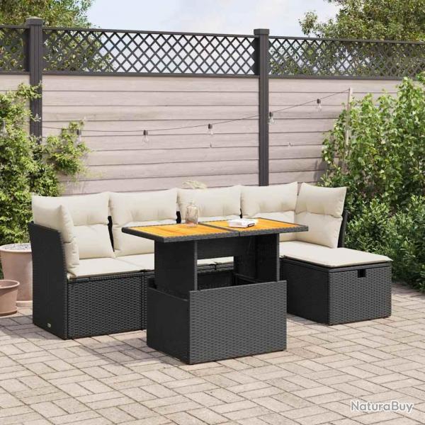 Salon de jardin 6 pcs avec coussins noir rsine tresse acacia