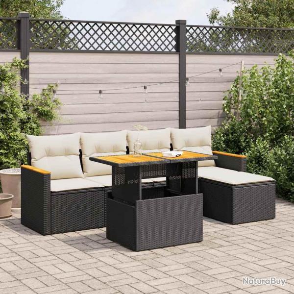 Salon de jardin 6 pcs avec coussins noir rsine tresse acacia