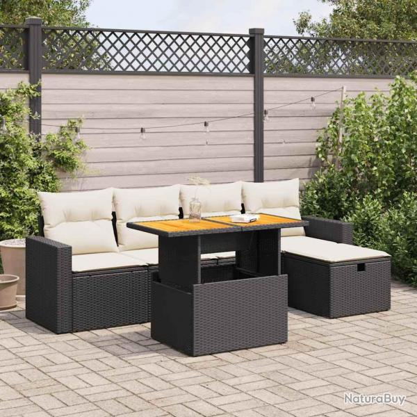 Salon de jardin 6 pcs avec coussins noir rsine tresse acacia