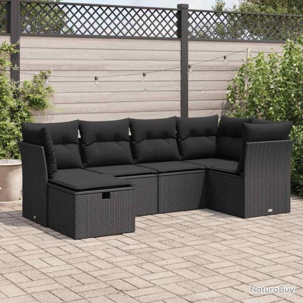 Salon de jardin 6 pcs avec coussins noir rsine tresse