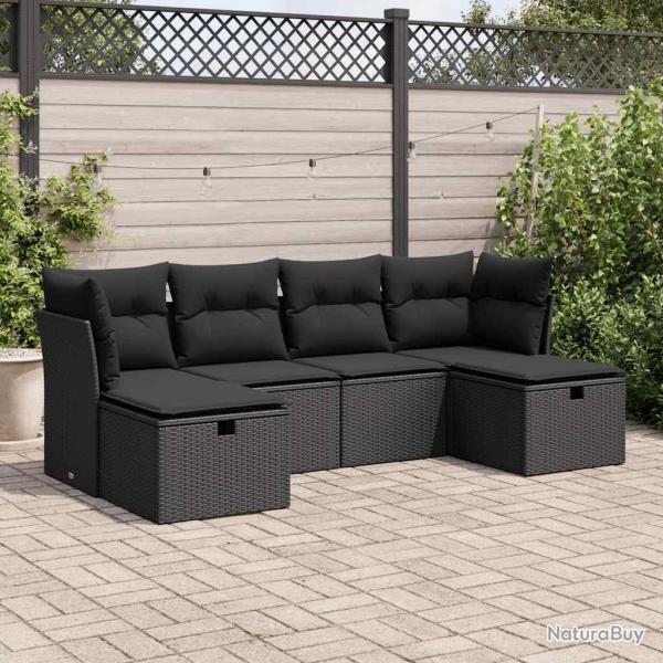Salon de jardin 6 pcs avec coussins noir rsine tresse