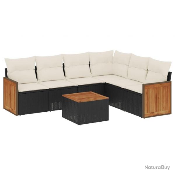 Salon de jardin 7 pcs avec coussins noir rsine tresse