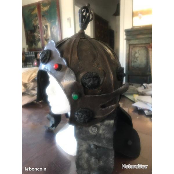 vintage - casque guerrier tibtain en mtal cuir et verroterie