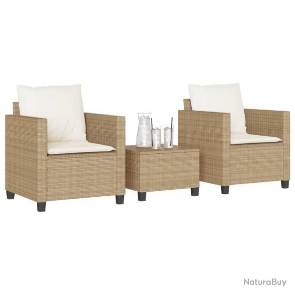 Ensemble de bistro 3 pcs avec coussins beige rsine tresse