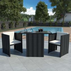 Ensemble de bistrot 3 pcs avec coussins Résine tressée Noir