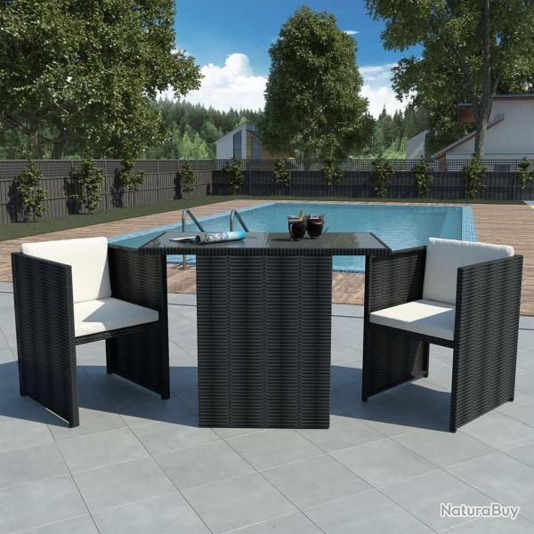 Ensemble de bistrot 3 pcs avec coussins Rsine tresse Noir