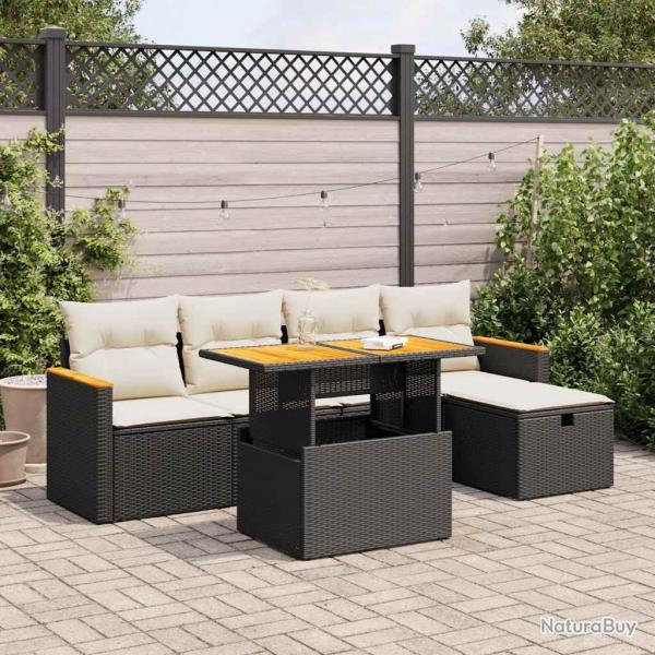 Salon de jardin 6 pcs avec coussins noir rsine tresse