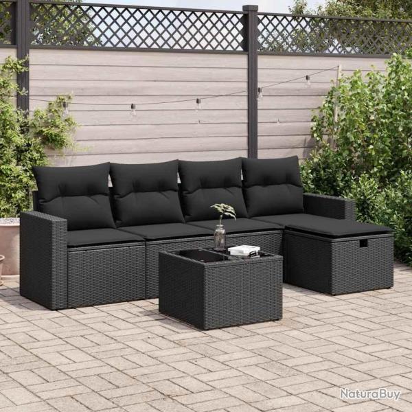 Salon de jardin 6 pcs avec coussins noir rsine tresse