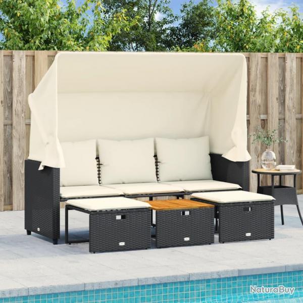 Canap de jardin 3 places avec auvent et tabourets noir rotin