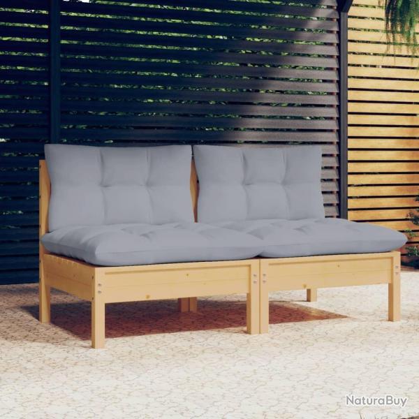 Canap 2 places de jardin et coussins gris Bois de pin solide