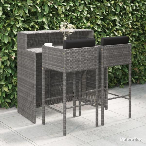 Ensemble de bar de jardin 3 pcs et coussins Rsine tresse Gris