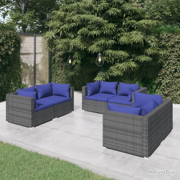 Salon de jardin 6 pcs avec coussins rsine tresse gris
