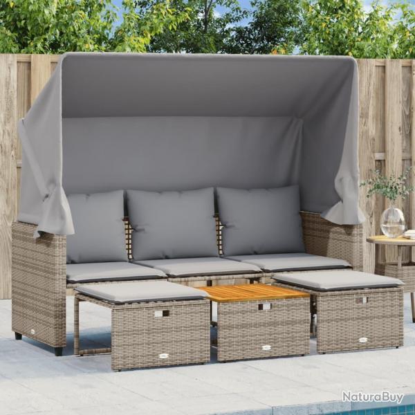Canap de jardin 3 places avec auvent et tabourets gris rotin