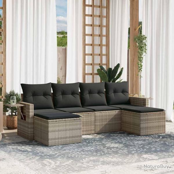 Salon de jardin 6 pcs avec coussins gris clair rsine tresse
