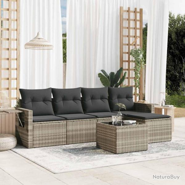 Salon de jardin 6 pcs avec coussins gris clair rsine tresse