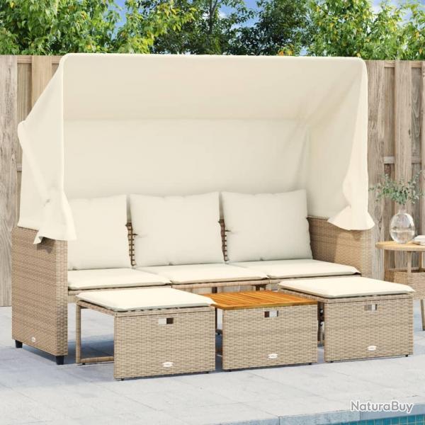 Canap de jardin 3 places avec auvent et tabourets beige rotin