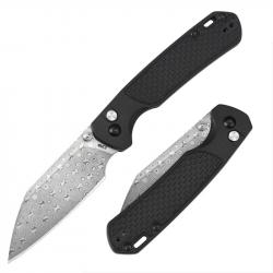 J1945DBK Couteau CJRB Pyrite-Light Wharncliffe Lame Acier Damas Rose Manche FRN Noir Button Lock