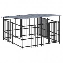 Chenil cage enclos pac animaux d'extérieur avec toit pour chiens acier 3,75 m² noir 02_0041760