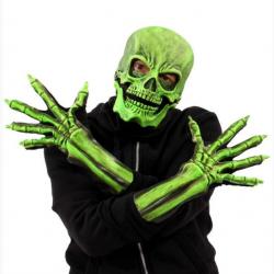 Déguisement Halloween Kit Masque Latex Squelette + Gants Reactif UV Vert