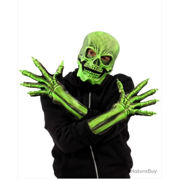 Dguisement Halloween Kit Masque Latex Squelette + Gants Reactif UV Vert