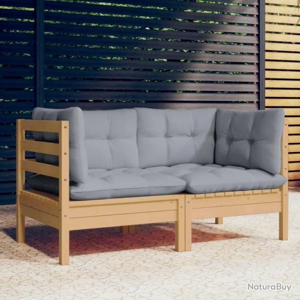 Canap 2 places de jardin et coussins gris Bois de pin solide