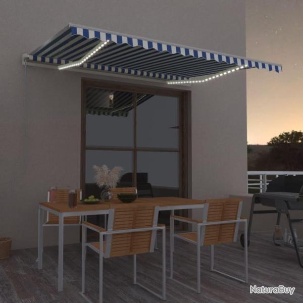 Auvent manuel rtractable avec LED 400x350 cm Bleu et blanc