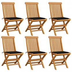 Chaises de jardin et coussins noir lot de 6 Bois de teck massif