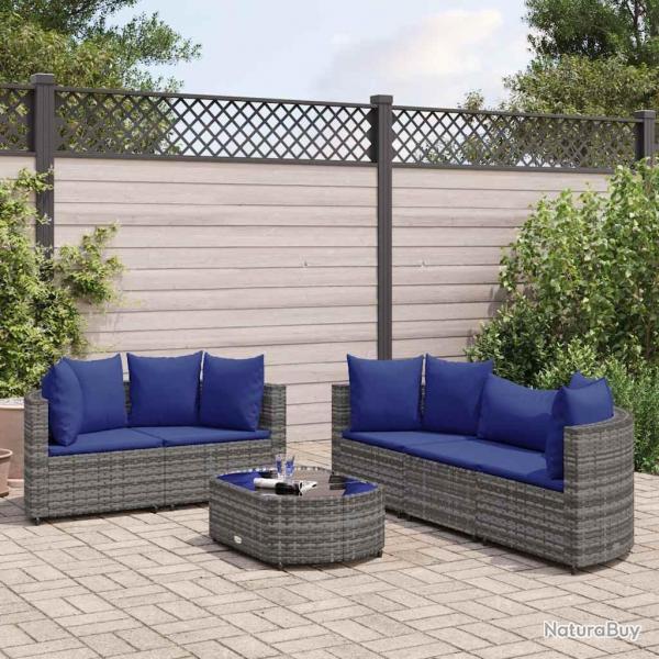 Salon de jardin 6 pcs avec coussins gris rsine tresse