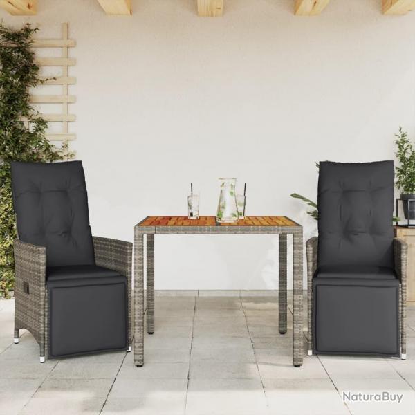 Ensemble de bistro de jardin 3 pcs coussins gris poly rotin