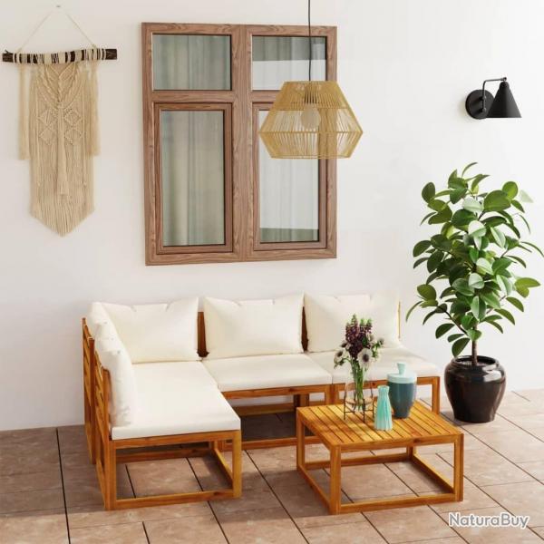 Salon de jardin 5 pcs avec coussin Crme Bois d'acacia solide