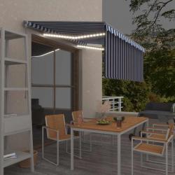 Auvent manuel rétractable et store et LED 3x2,5 m Bleu et blanc