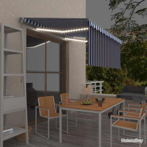 Auvent manuel rtractable et store et LED 3x2,5 m Bleu et blanc