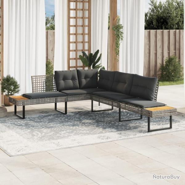 Canap de jardin avec coussins en forme de L gris rotin acacia