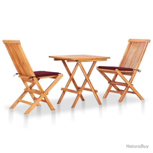 Ensemble de bistro 3 pcs avec coussins rouge bordeaux Teck