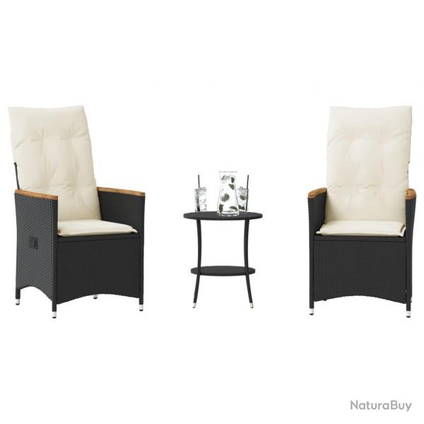 Ensemble de bistro 3 pcs avec coussins noir rsine tresse