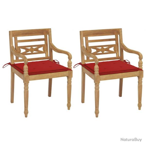 Chaises Batavia lot de 2 et coussins rouges Bois de teck massif